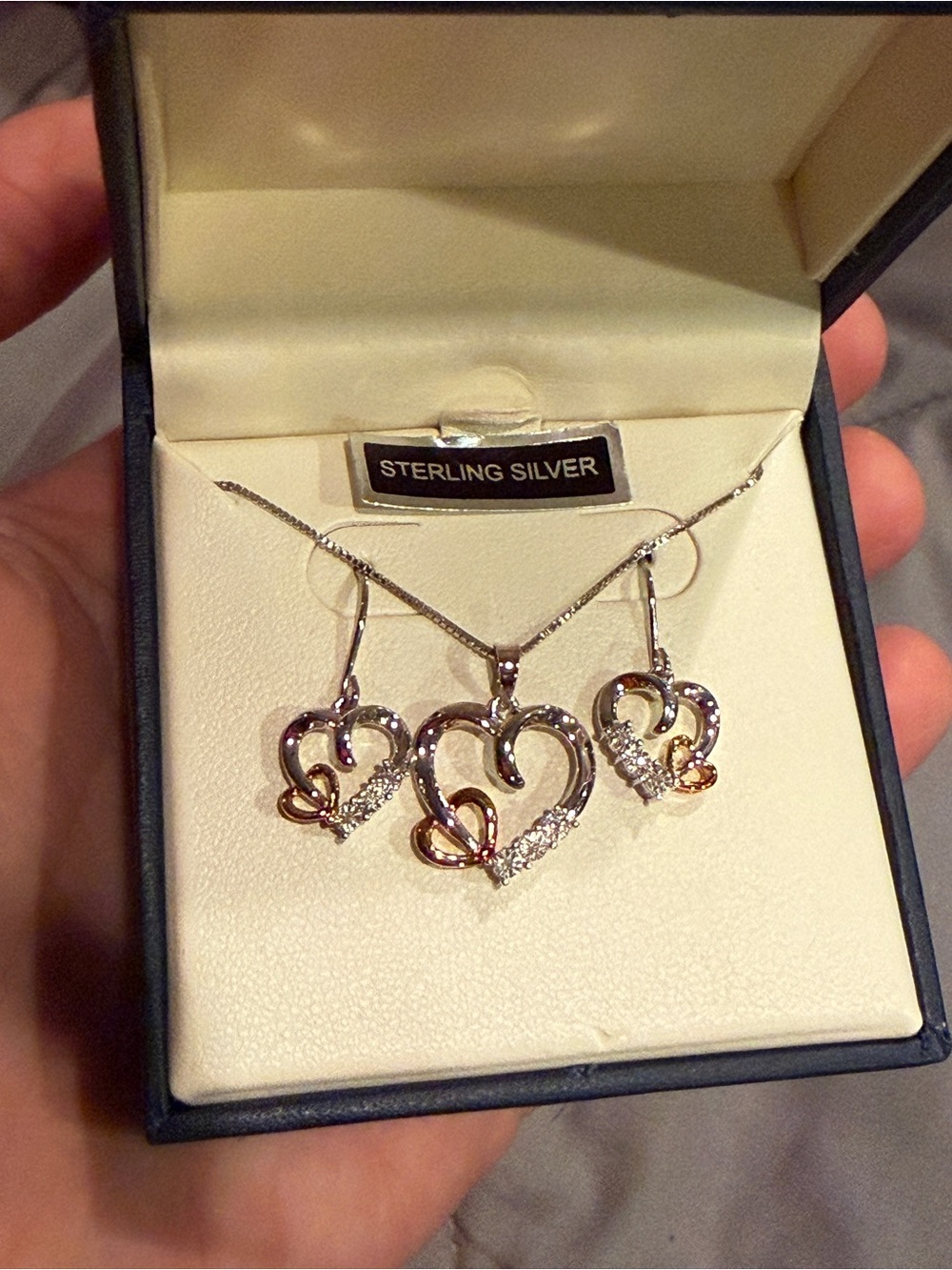 Stella Grace Sterling Silver Dangle Heart Earrings And Necklace Set